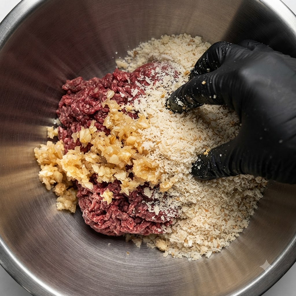 Una mano guantata che mescola i condimenti nella ciotola di preparazione della carne.