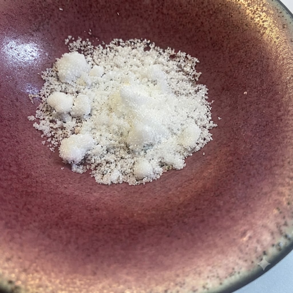 Zucchero bianco in una ciotola rosa, con ketchup e salsa di soia versati allinterno.