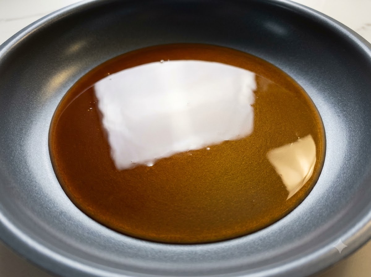 Una salsa teriyaki scura che sobbolle e si riduce in una padella a fuoco medio.