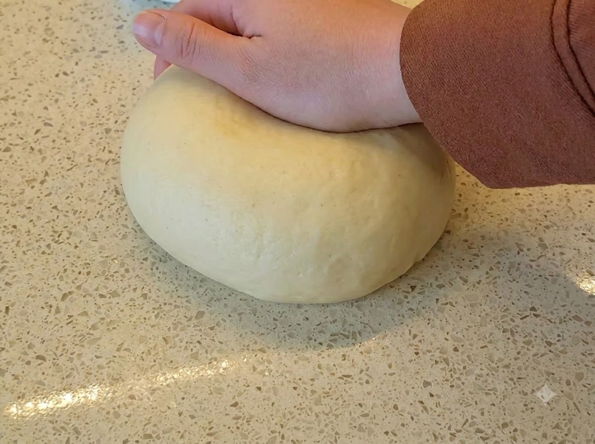 Una mano che preme su una grande palla liscia di impasto giallo per pane posizionata su un piano di lavoro maculato.