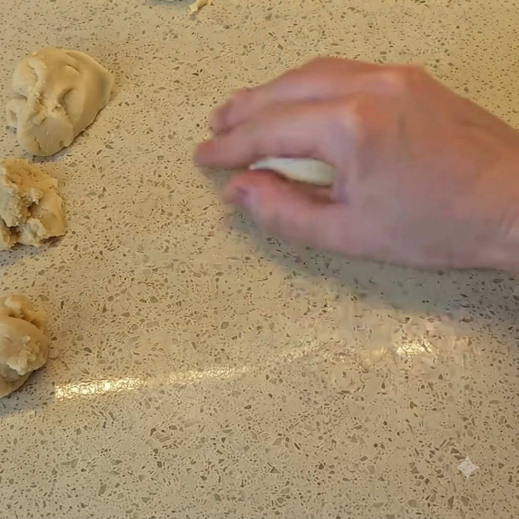 Una mano che modella un piccolo pezzo di impasto formando una pallina liscia su un piano di lavoro, con altri panetti vicini.