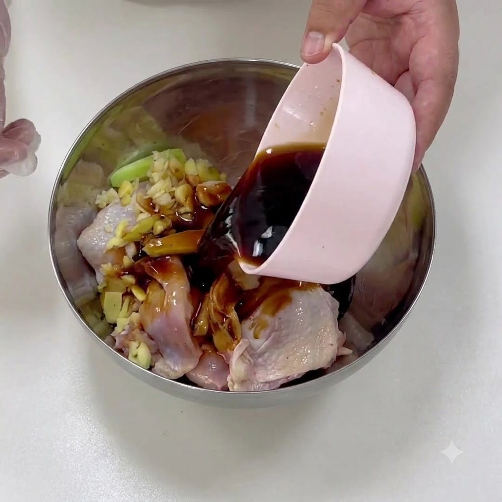 Miscela di salsa teriyaki scura versata da una ciotola nella ciotola del pollo.