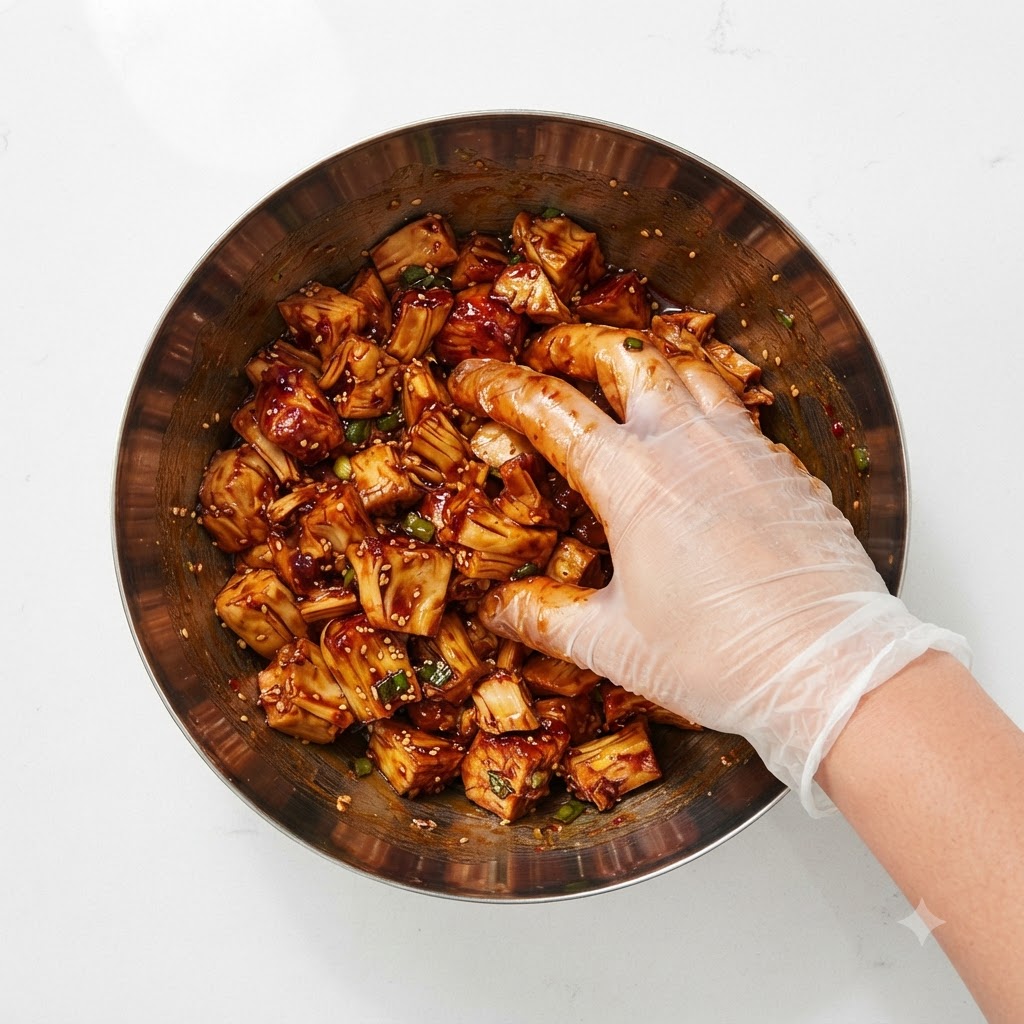 Mano guantata che mescola il pollo e gli ingredienti della marinata insieme allinterno di una ciotola.