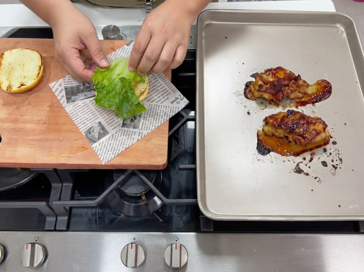 Salsa teriyaki spennellata su cosce di pollo scottate disposte su una teglia da forno.
