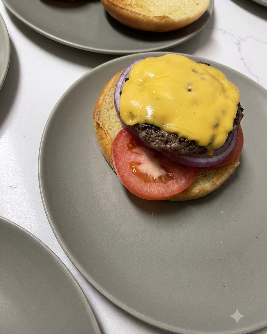 Un patty di manzo con formaggio trasferito da una spatola di legno sulla base di un hamburger.