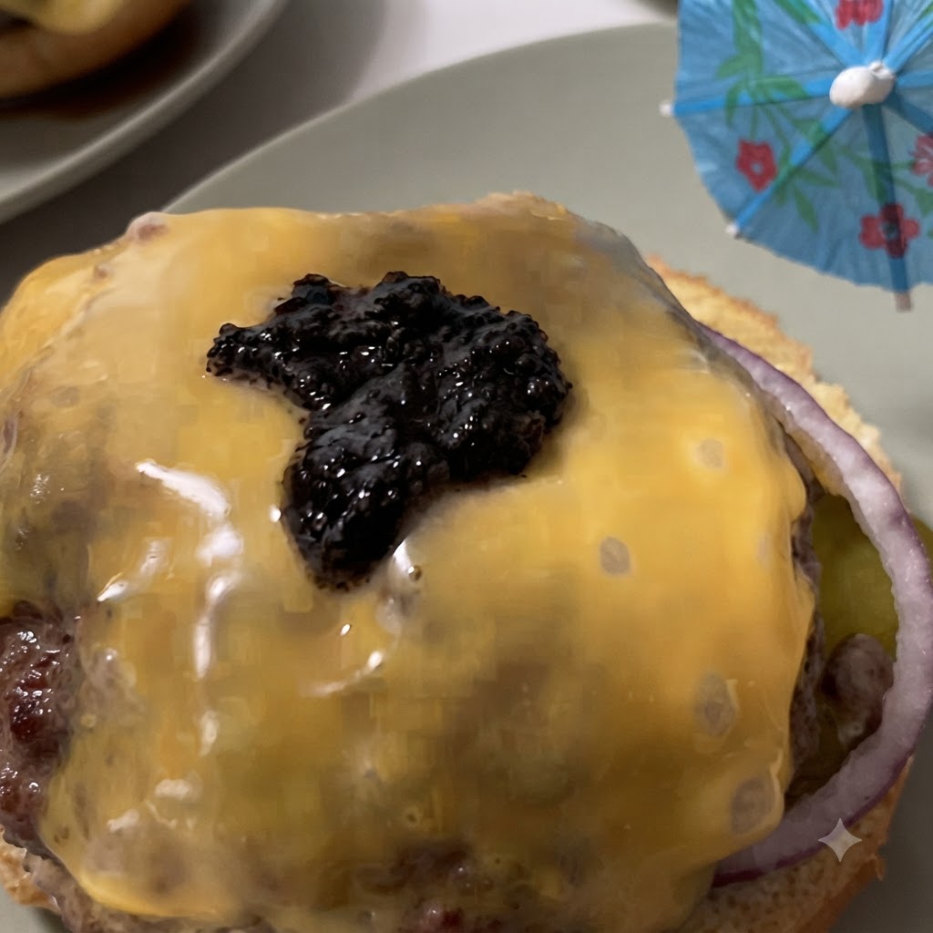 Un cucchiaio scuro di pâté di tartufo nero adagiato sul formaggio giallo fuso di un hamburger.