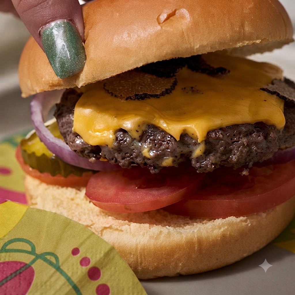Il pane superiore posizionato sopra il formaggio fuso e il patty di manzo per assemblare lhamburger.