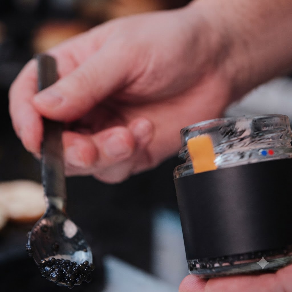 Un cucchiaio di salsa al tartufo nero tenuto sopra un barattolo e una ciotola.