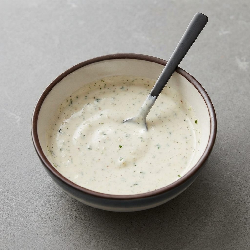 Una ciotola di ceramica contenente una salsa bianca cremosa punteggiata di erbe e spezie, mentre viene mescolata con un cucchiaio.