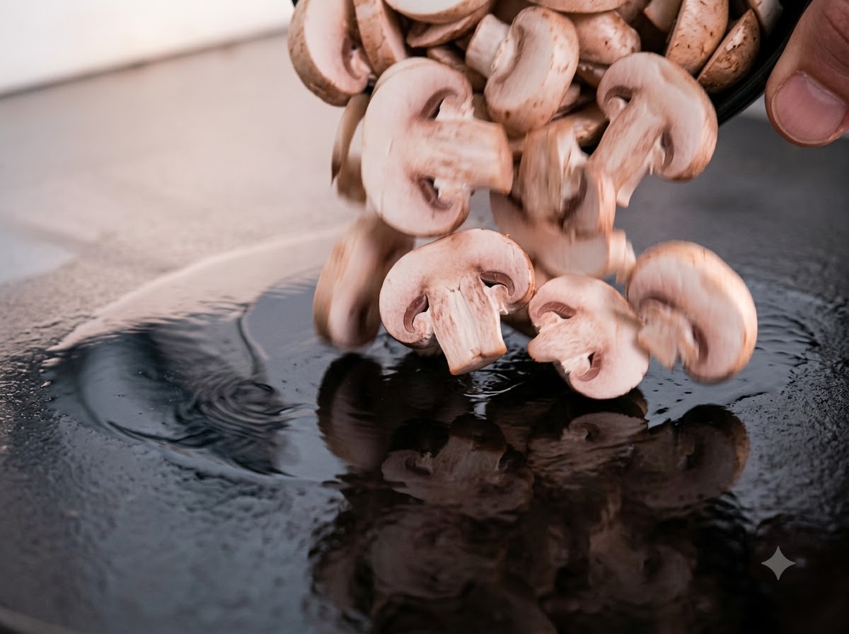 Funghi affettati che cadono da una ciotola su una piastra liscia calda e oliata.