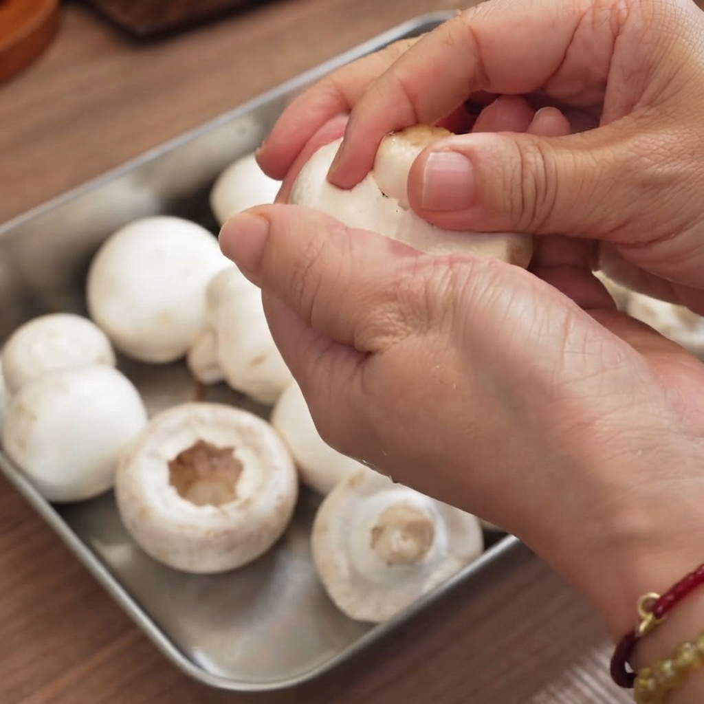 Primo piano di mani che rimuovono il gambo di un fungo champignon fresco in un vassoio di metallo.