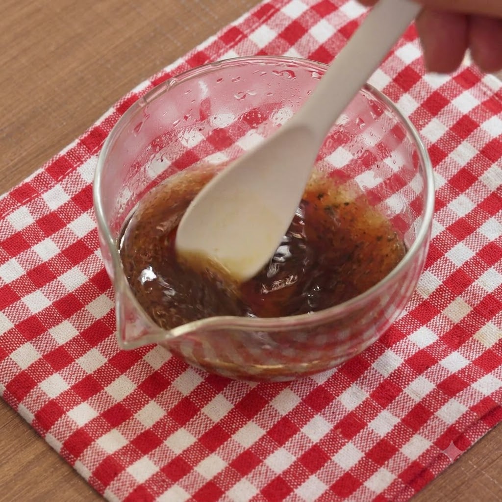 Un cucchiaio che mescola salsa di soia chiara e salsa al tartufo nero in una ciotola di succo di funghi.