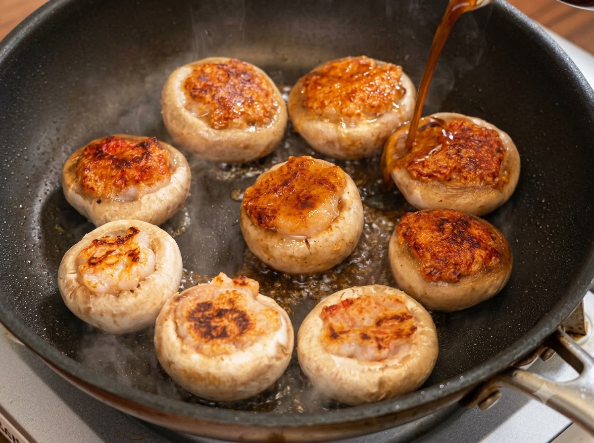 Un flusso di succo scuro condito versato da una ciotola in una padella contenente funghi ripieni dorati.