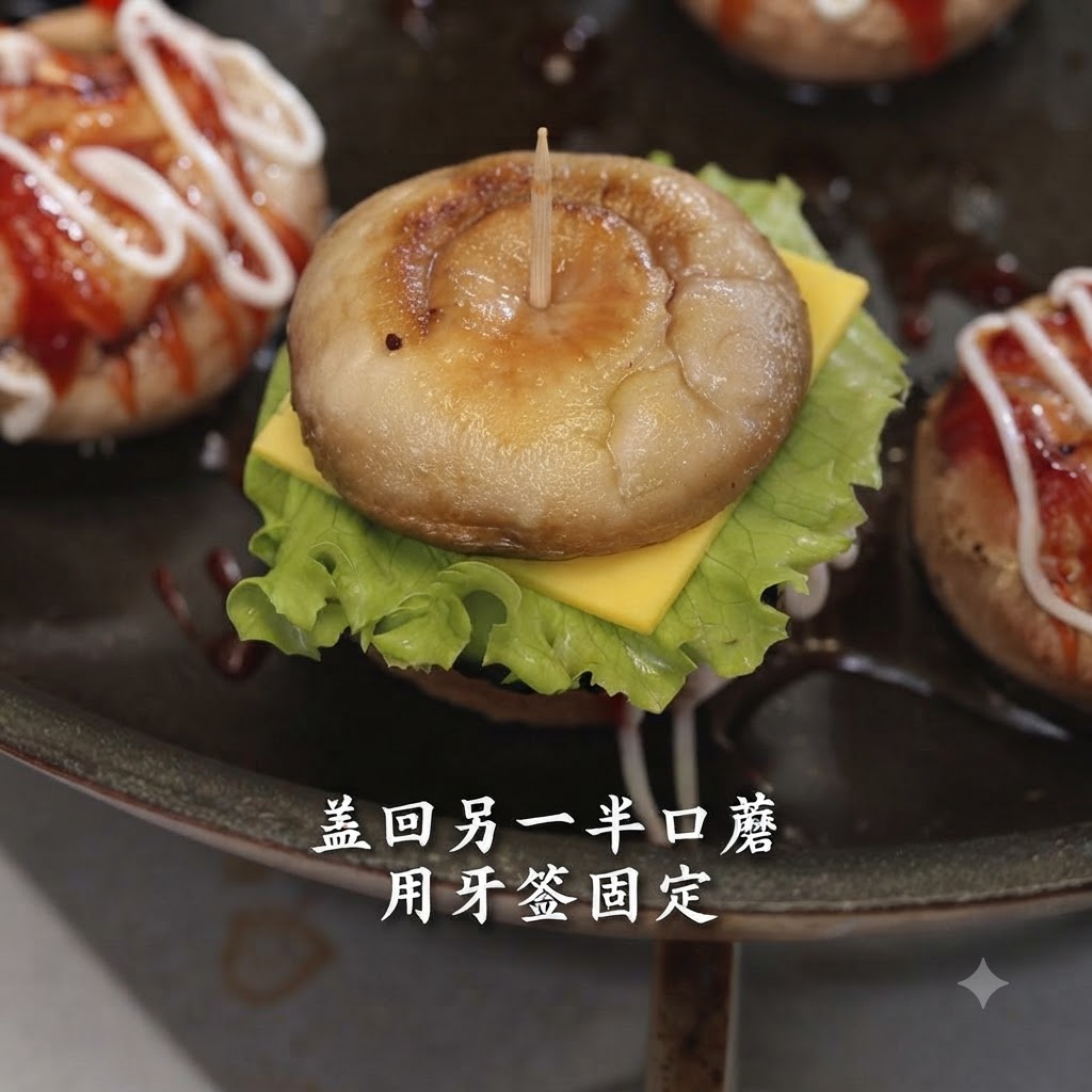 Un mini hamburger di funghi ripieni assemblato e trafitto verticalmente con uno stecchino al centro.