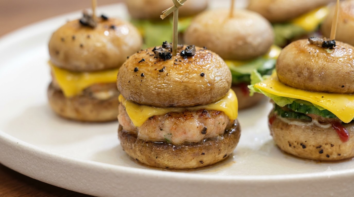 Mini Hamburger di Funghi e Pasta di Gamberi al Tartufo Nero
