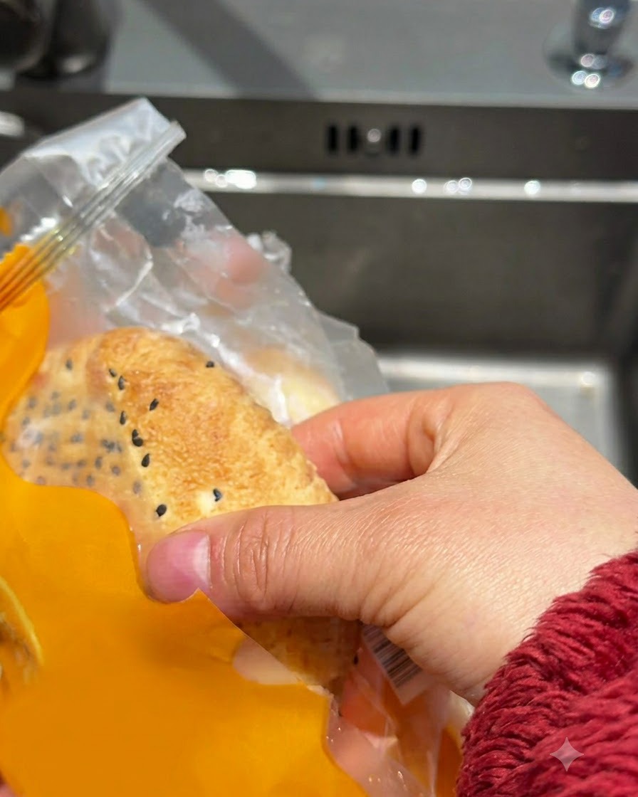 Panini per hamburger surgelati risciacquati sotto lacqua corrente del rubinetto in un lavandino.