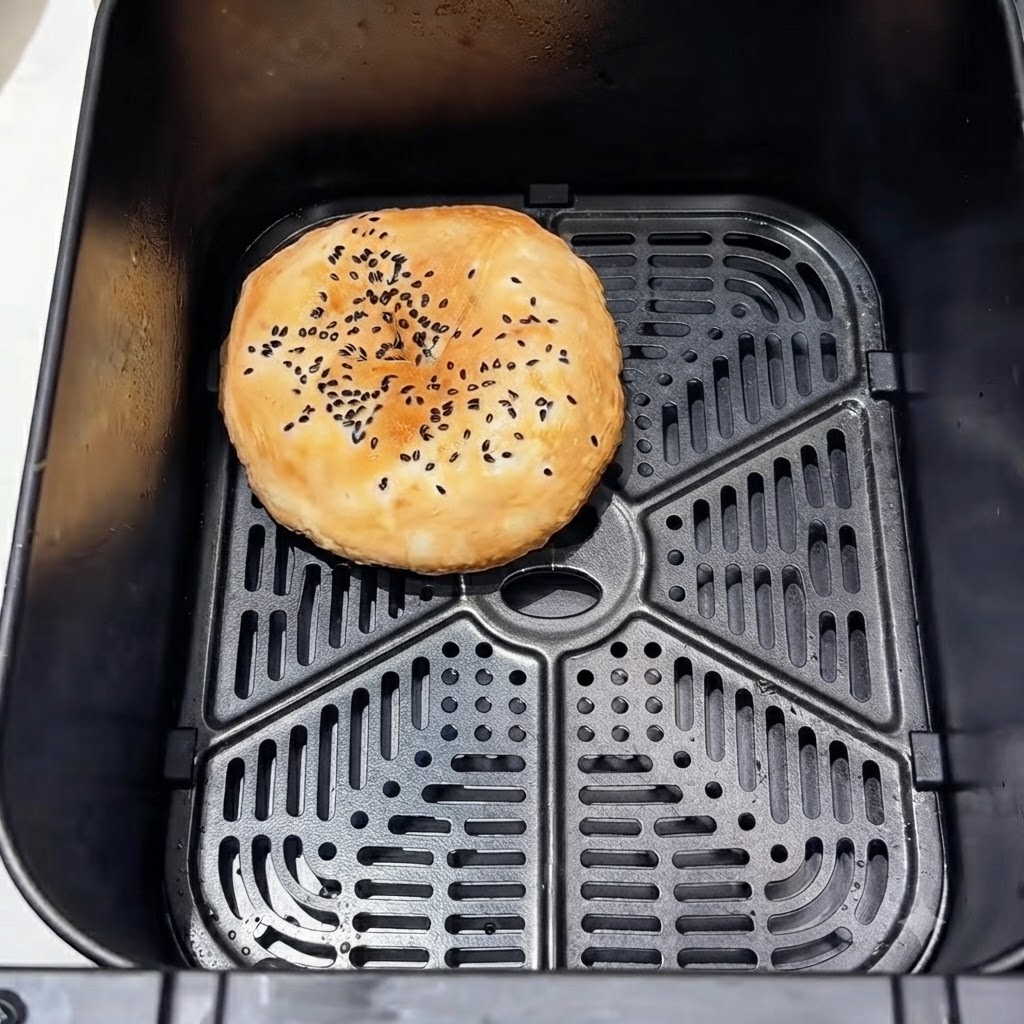 Un singolo panino per hamburger posizionato allinterno del cestello scuro di una friggitrice ad aria.