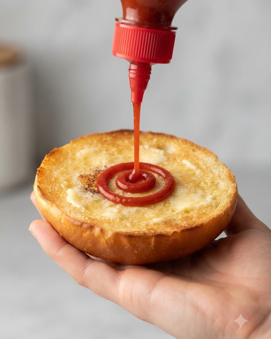 Una bottiglia di plastica rossa che eroga una spirale di ketchup rosso vivo sulla superficie tostata e imburrata di un panino per hamburger tenuto in mano.