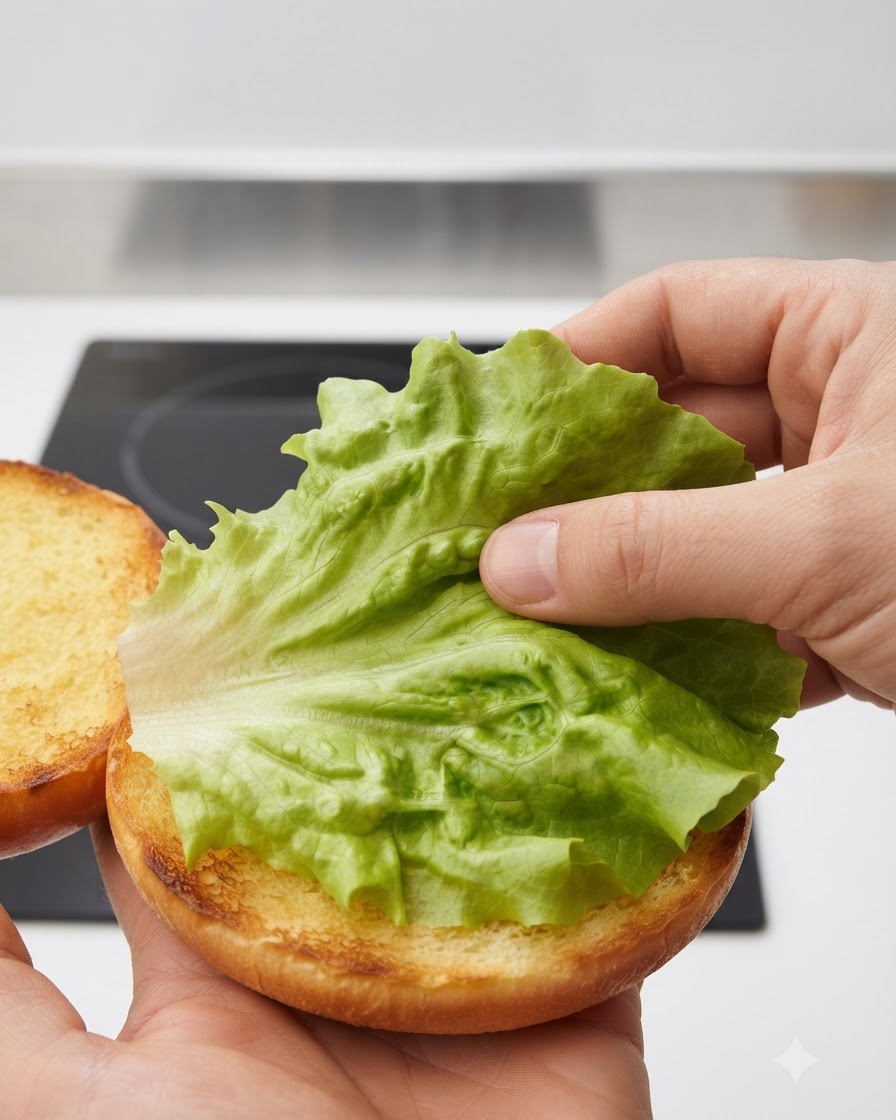 Una mano che posiziona una foglia di lattuga verde brillante e riccia sulla metà inferiore preparata di un panino per hamburger tostato.