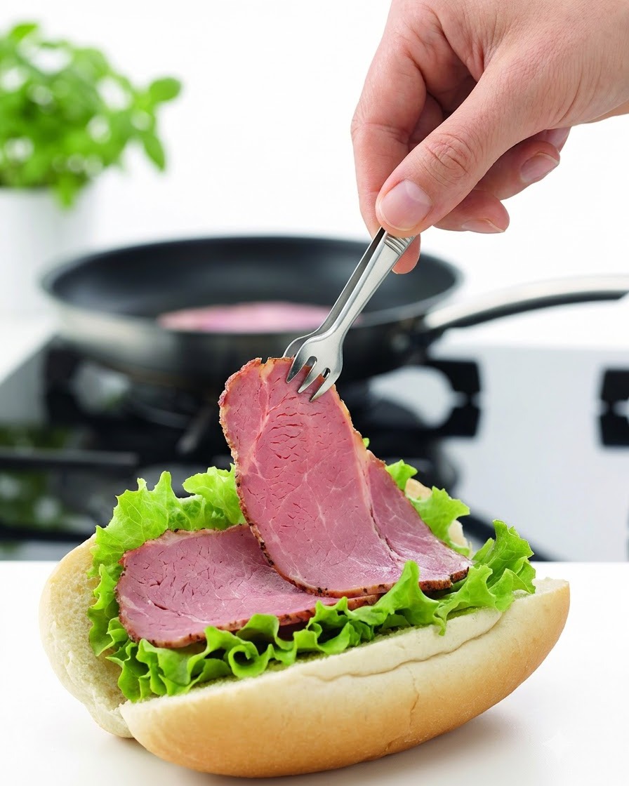 Una mano che usa le pinze per posizionare le fette di manzo scottate su un panino per hamburger condito con lattuga.
