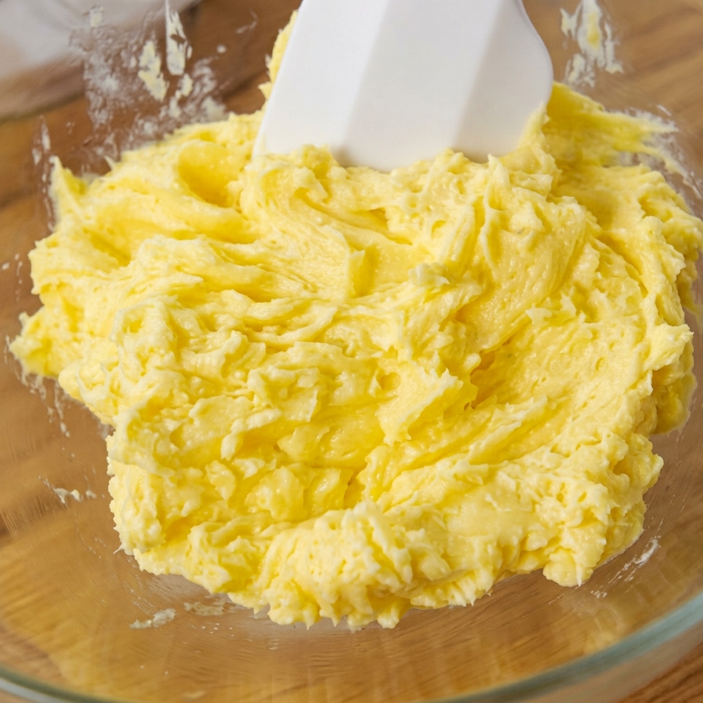 Una ciotola di vetro riempita di burro giallo ammorbidito mentre viene schiacciato e mescolato con un utensile.
