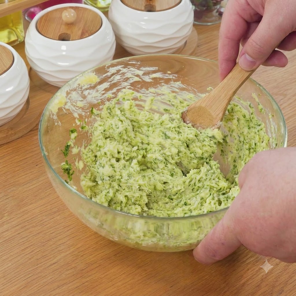 Un utensile di legno che mescola la salsa verde di burro allaglio allinterno della ciotola di vetro.