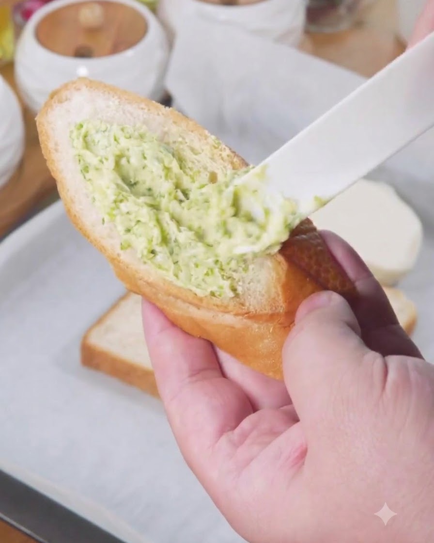 Una spatola di plastica che applica la salsa verde di burro allaglio su una fetta di pane.