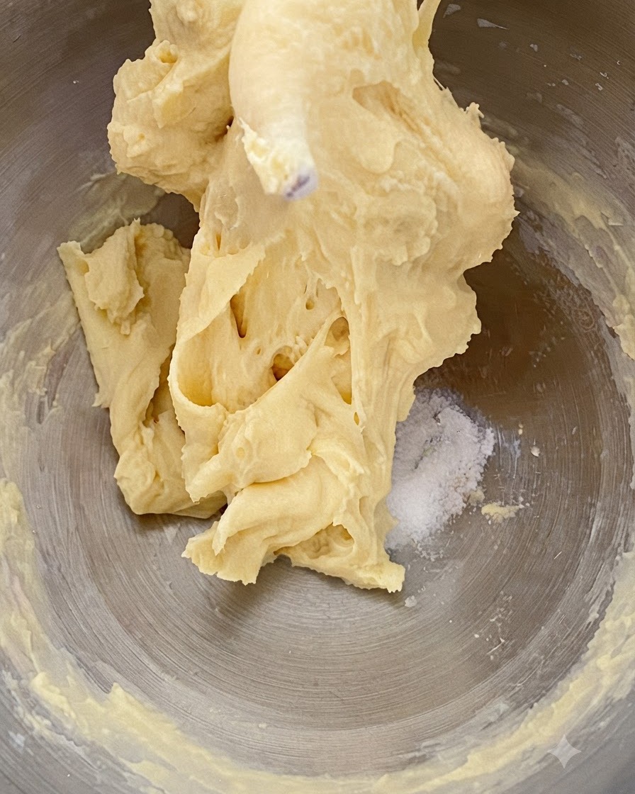 Burro e sale aggiunti nella ciotola contenente limpasto brioche mescolato.