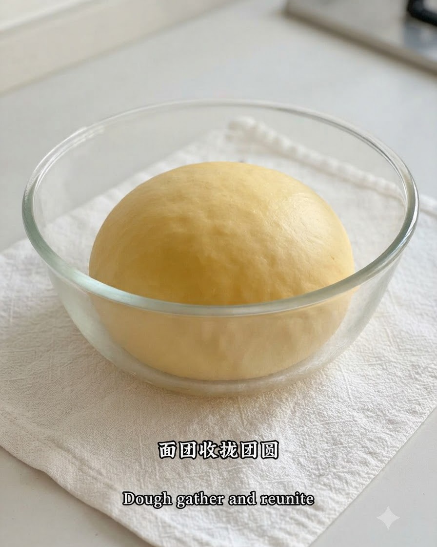 Una palla di impasto brioche liscia e arrotondata che riposa allinterno di una ciotola di vetro trasparente su un panno bianco.