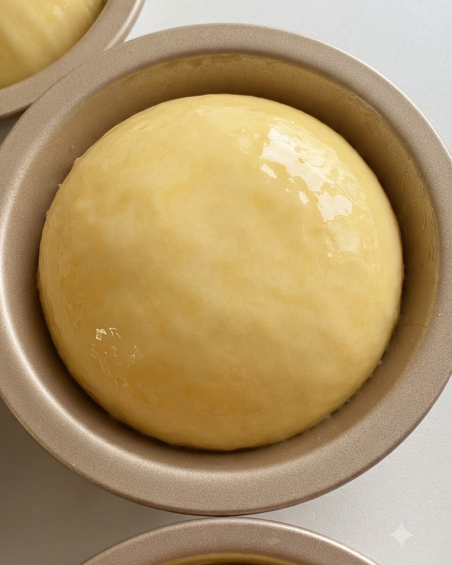 Una pallina di impasto liscia e arrotondata posizionata allinterno di uno stampo rotondo in metallo per hamburger unto.