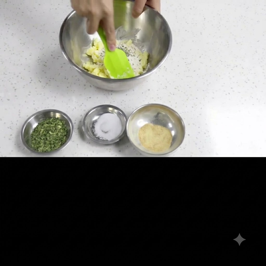 Una mano che utilizza una spatola in silicone verde per mescolare e schiacciare il burro ammorbidito allinterno di una ciotola di miscelazione in metallo.