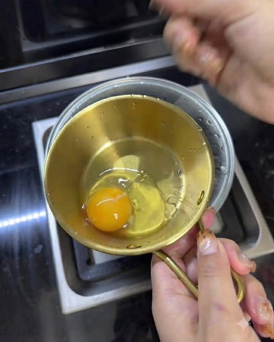 Due uova sgusciate in una ciotola dorata con un filo di olio di peperoncino rosso.