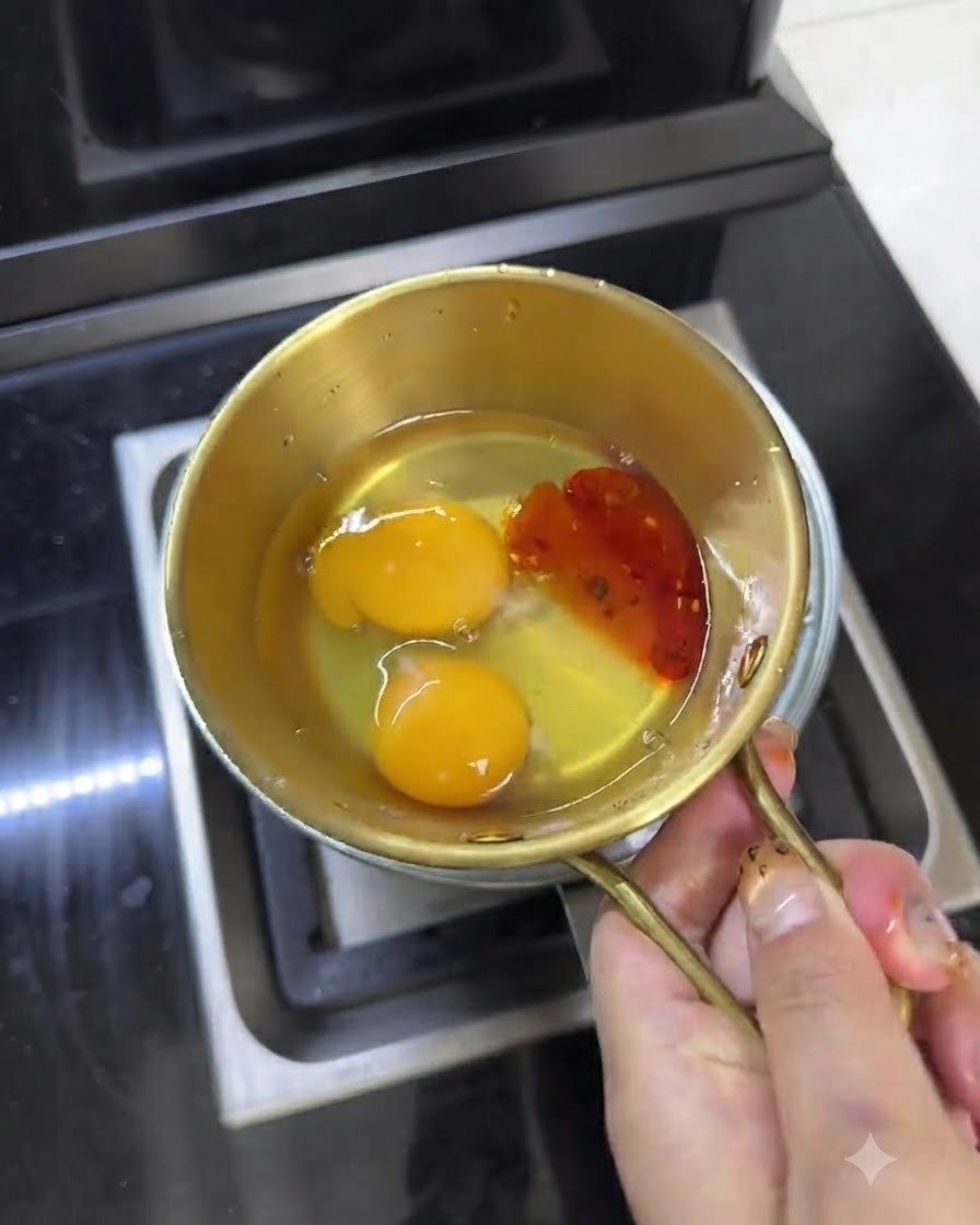 Bacchette che sbattono insieme uova e olio di peperoncino allinterno di una piccola ciotola di metallo.