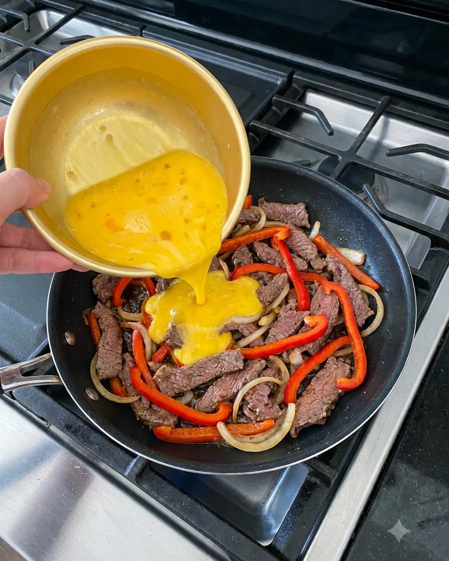 Uova sbattute versate da una ciotola dorata in una padella piena di strisce di manzo, cipolle e peperoni rossi.