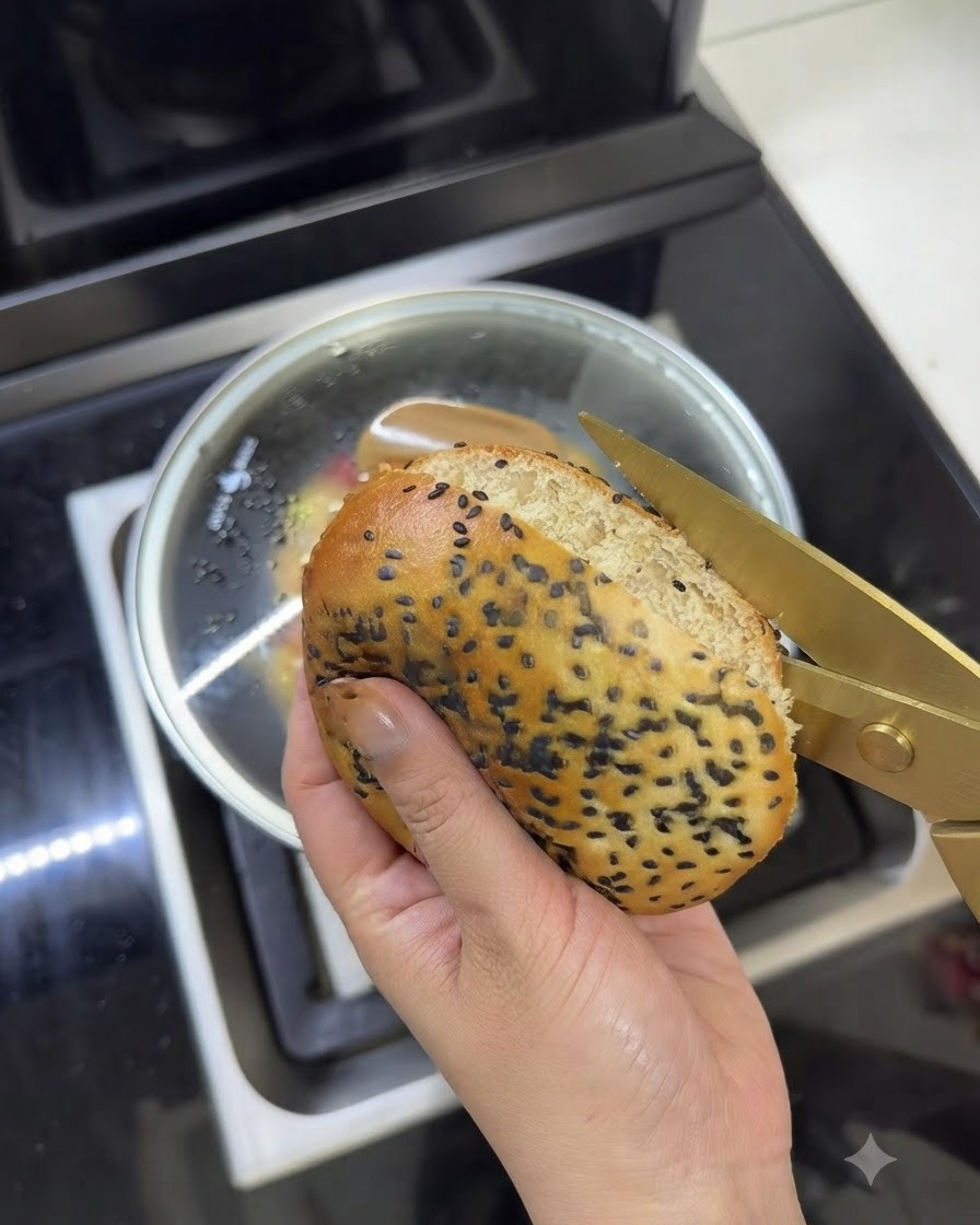 Un panino per burger al burro caldo tagliato con cura usando forbici da cucina dorate.
