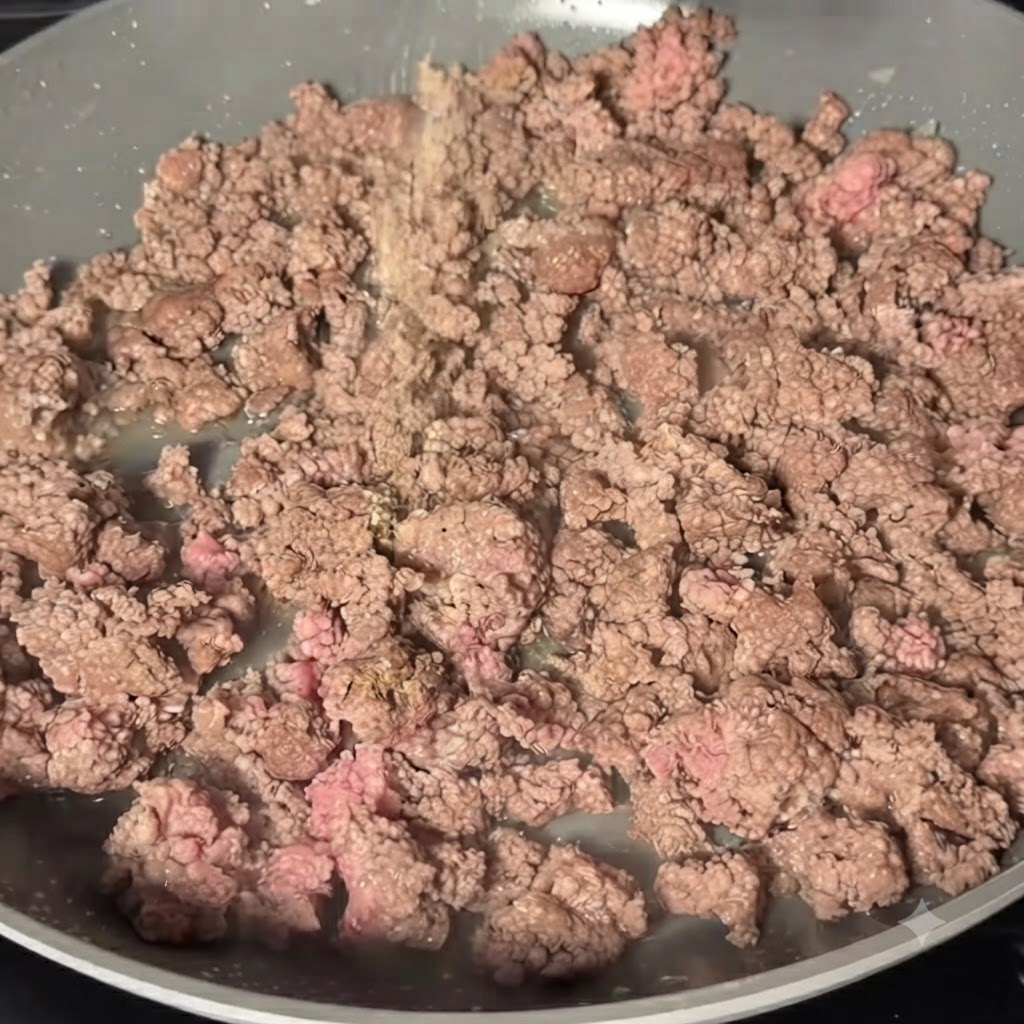 Spezie e condimenti in polvere spolverati sulla carne macinata dorata in una padella.