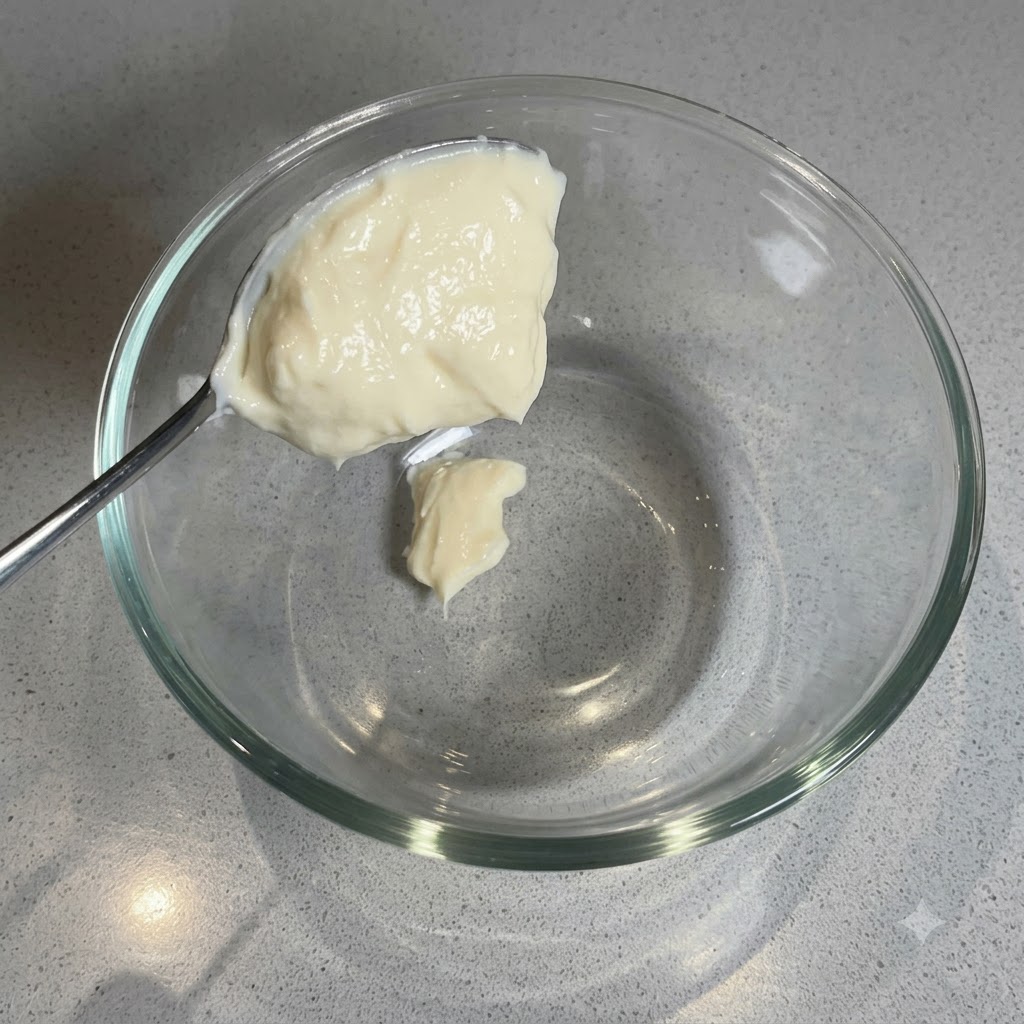 Un cucchiaio di maionese cremosa bianca o yogurt greco aggiunto in una ciotola di vetro vuota.