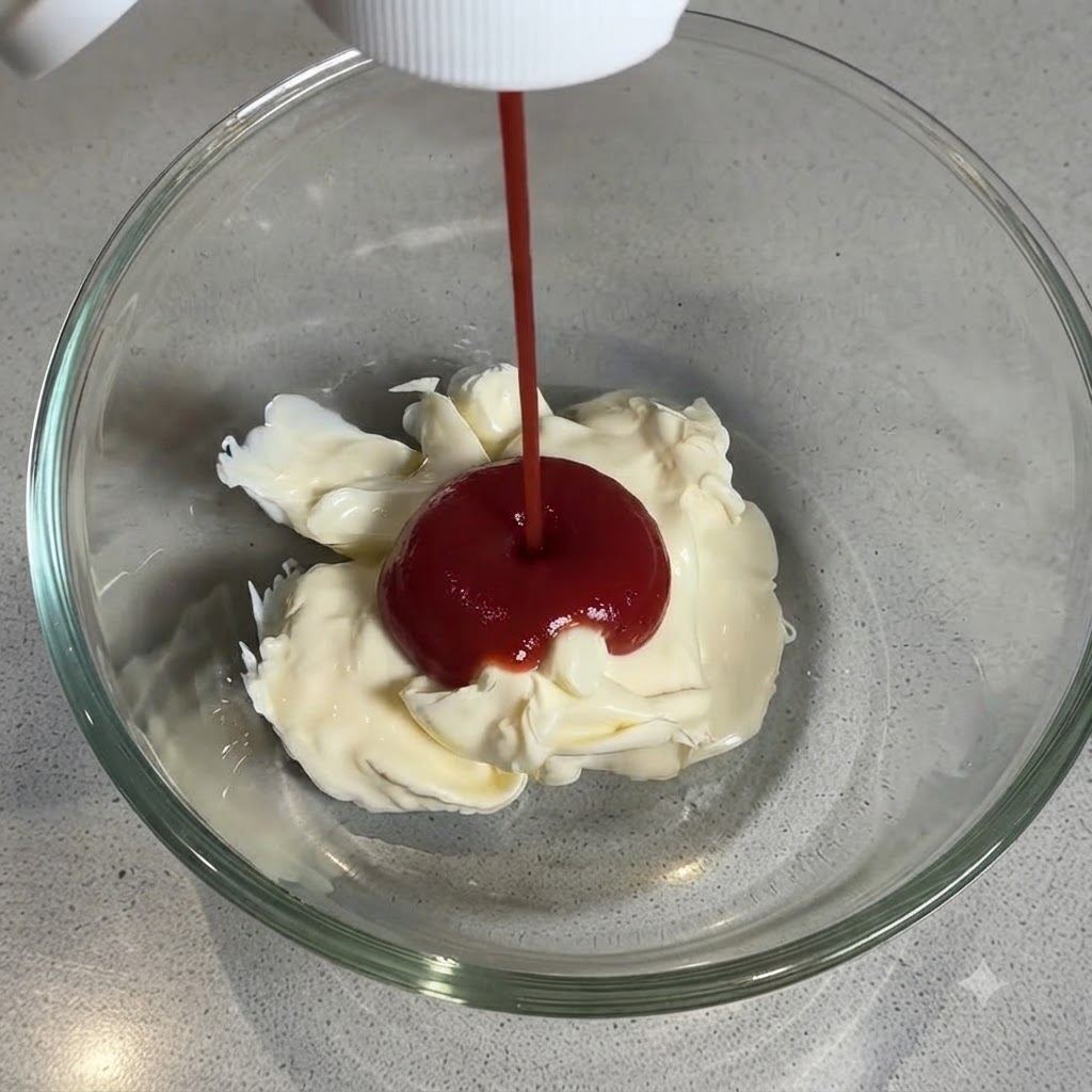 Un flusso di ketchup rosso versato su un mucchietto bianco di maionese dentro una ciotola di vetro trasparente.
