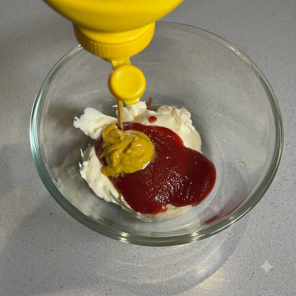 Senape gialla spremuta da una bottiglia sul ketchup rosso e la maionese bianca in una ciotola di vetro.
