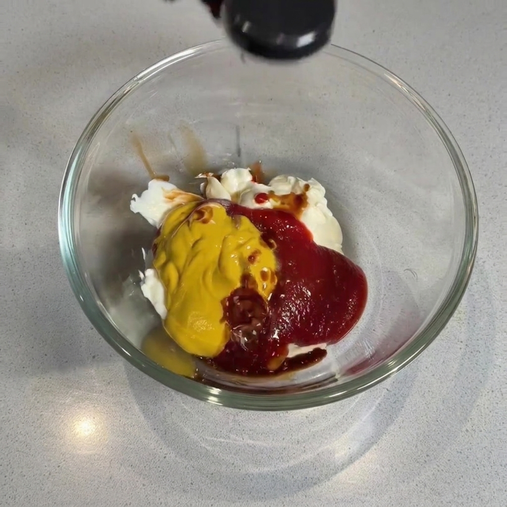 Salsa Worcestershire scura fatta cadere nella ciotola contenente maionese, ketchup e senape.
