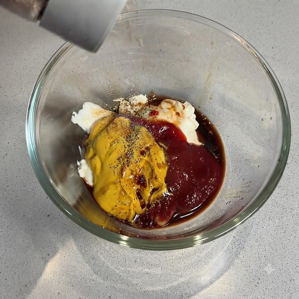 Pepe nero macinato scosso da un contenitore sugli ingredienti della salsa stratificati in una ciotola di vetro.