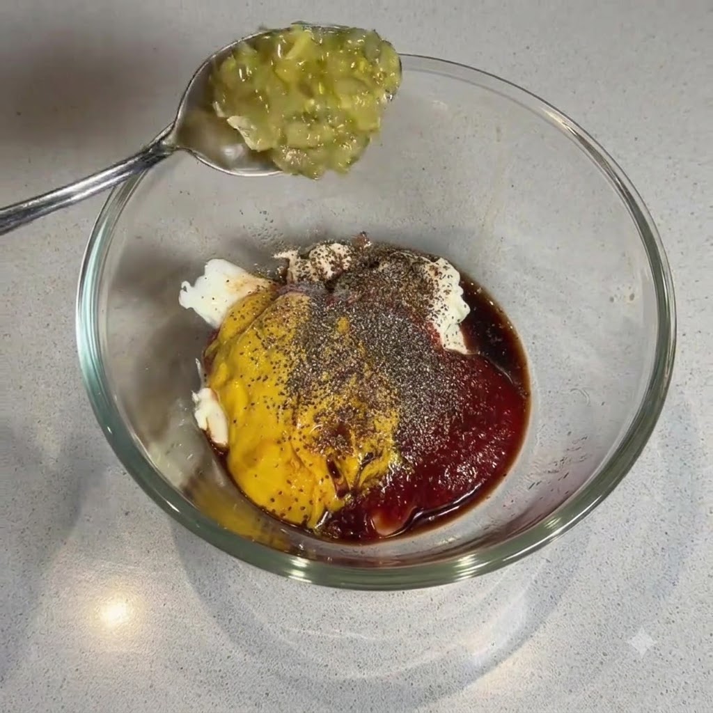 Un cucchiaio di relish di cetriolini verde tenuto sopra la ciotola di vetro riempita con la base della salsa e le spezie.