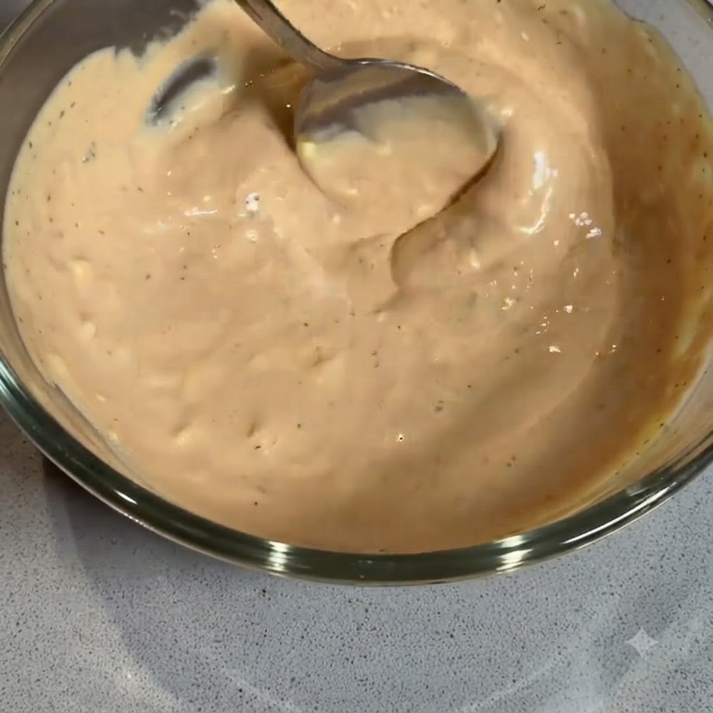 Un cucchiaio che mescola una salsa per hamburger cremosa e arancione chiaro dentro una ciotola di vetro trasparente.