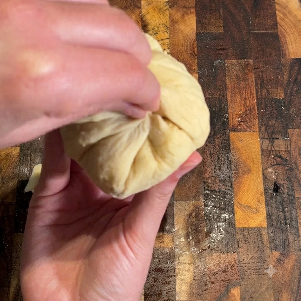 Mani che raccolgono e pizzicano i bordi dellimpasto per sigillare la bomb di cheeseburger.