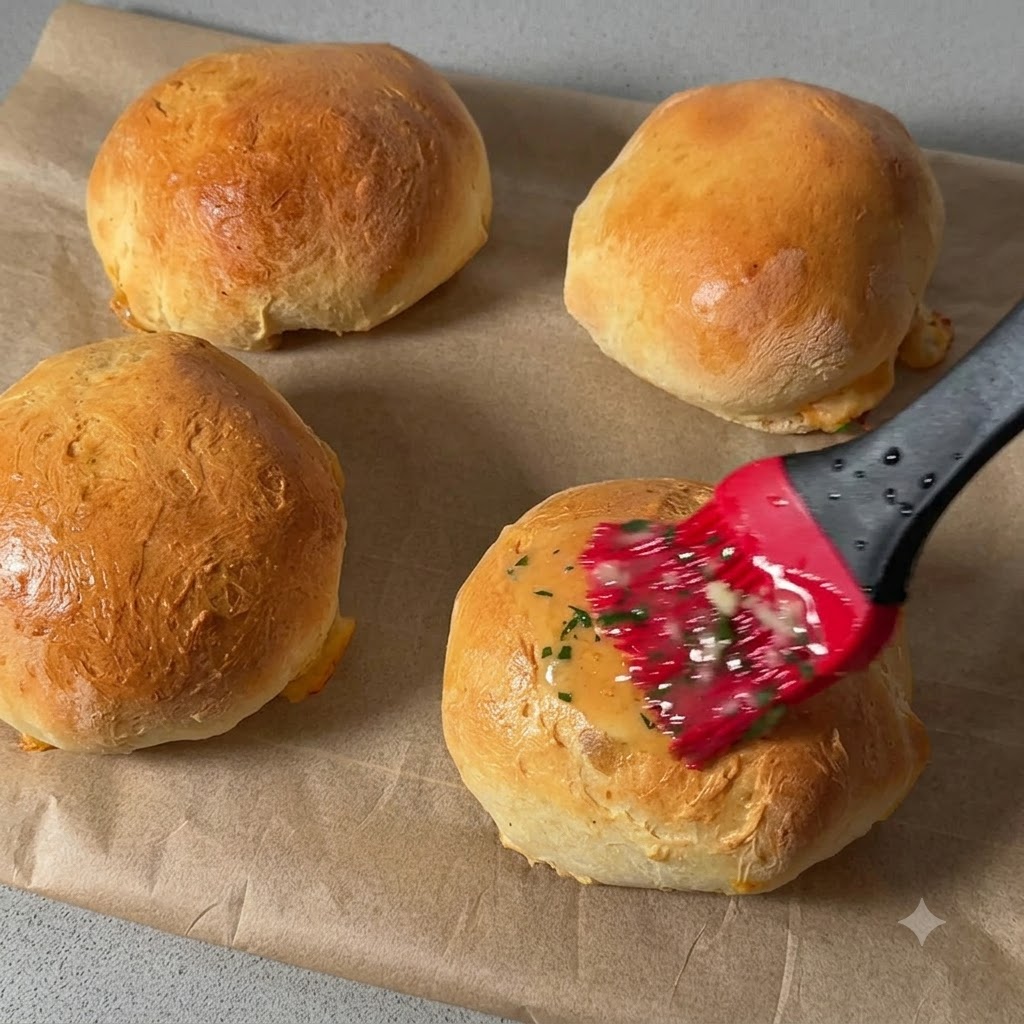 Un pennello in silicone rosso che distribuisce burro allaglio fuso ed erbe aromatiche in modo uniforme sulla parte superiore di un panino dorato cotto.