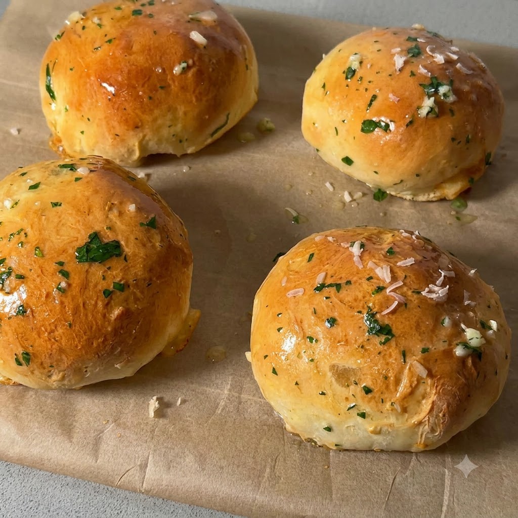 Scaglie di formaggio Parmigiano fresco grattugiato ed erbe verdi tritate finemente sparse sulla parte superiore dei panini dorati glassati.