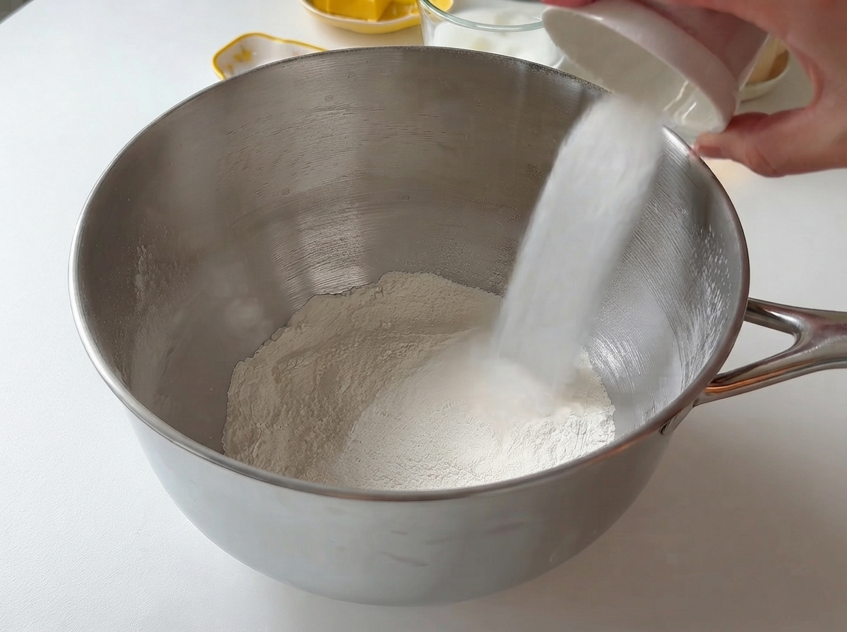 Ingredienti secchi e liquidi versati in una grande ciotola di metallo per impastare.