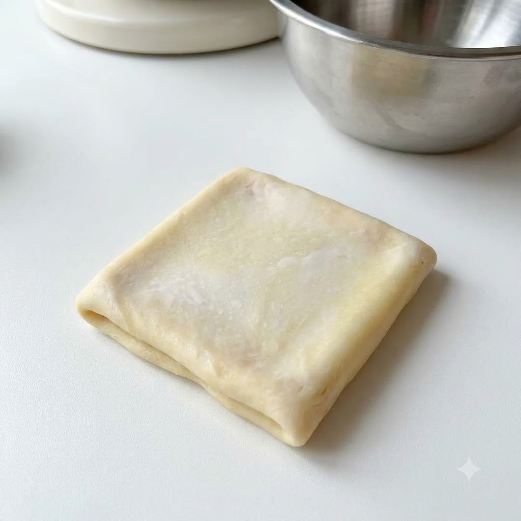Un pezzo di impasto liscio piegato a quadrato posato su una superficie bianca vicino a una ciotola di metallo.
