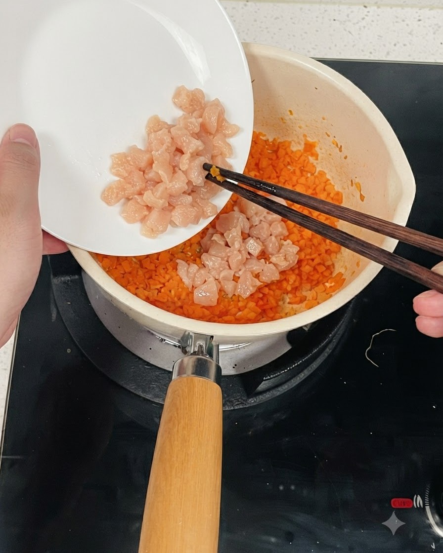 Macinato di pollo marinato versato da un piatto bianco in una pentola di carote tritate usando delle bacchette.