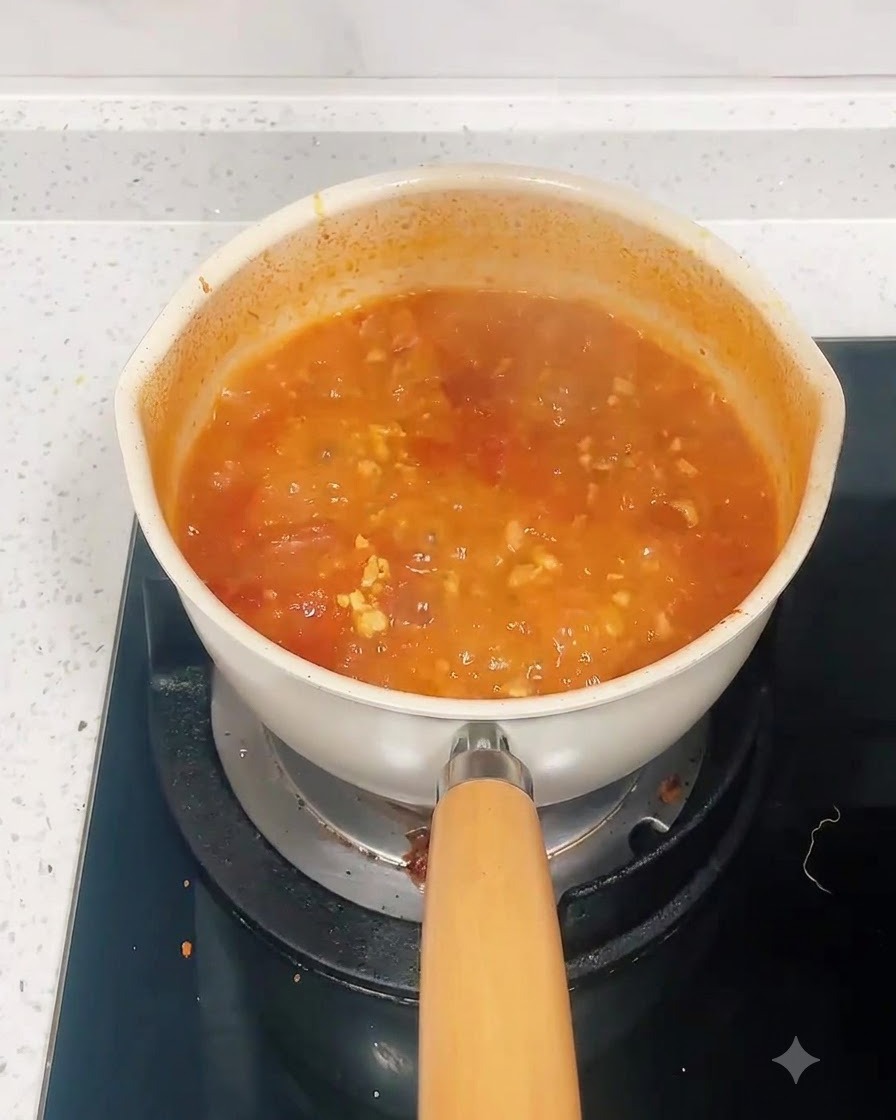Spaghetti secchi immersi in una pentola di salsa rossa di carne e pomodoro in ebollizione.